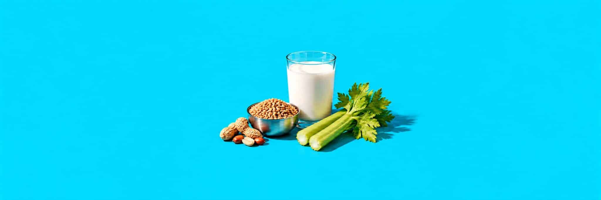 Verre de lait, arachides, coupelle de blé et branches de céleri posés sur un fond cyan