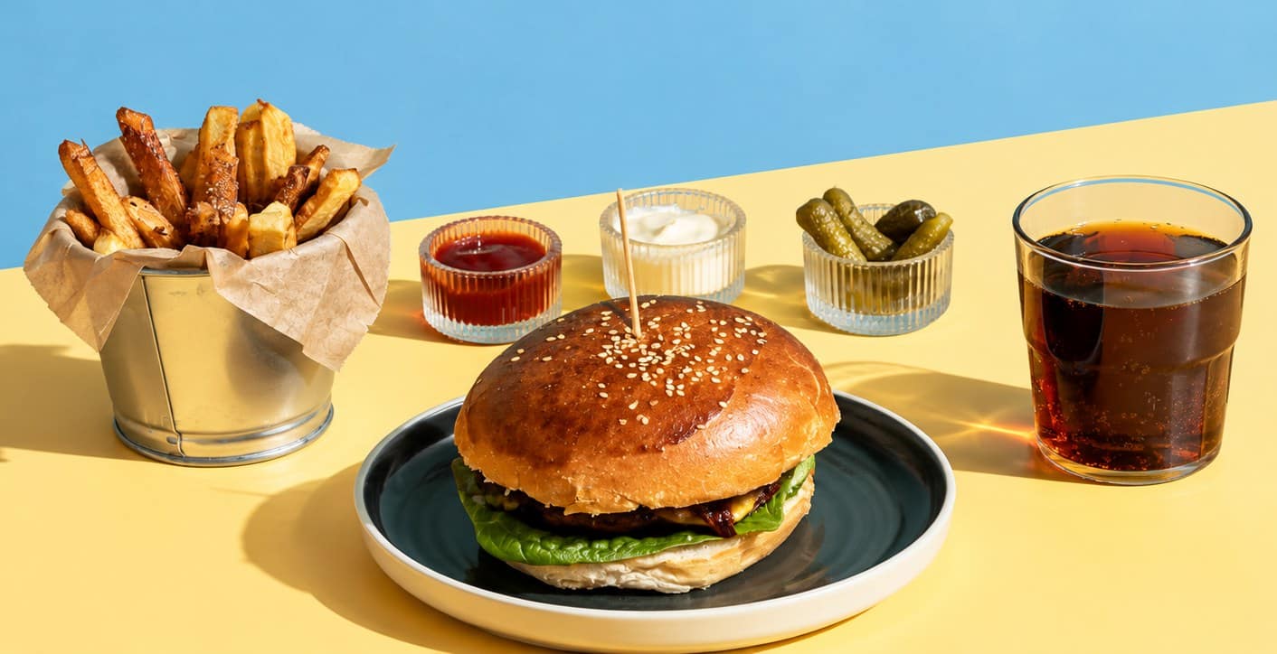 Burger sur son assiette, frites en cornet, sauces, cornichons et verre de cola posés sur une table jaune devant un fond bleu