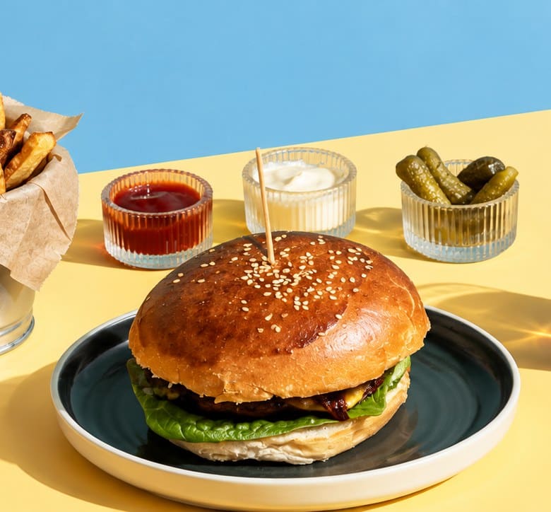 Burger au pain brioché sur une assiette, avec trois ramequins de sauces et de cornichons, sur une table jaune