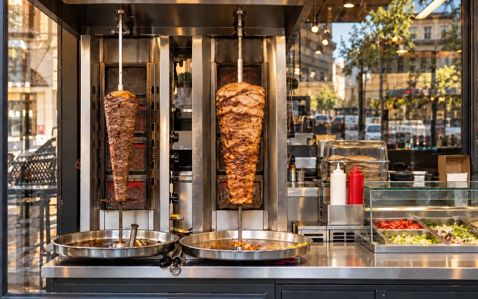 Deux broches de viande de kebab grillent derrière une vitrine, à côté du bac de salade, de tomates et d'oignons