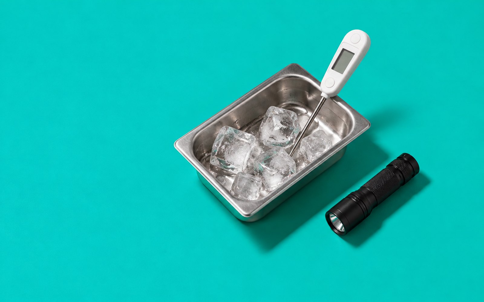 Bac inox avec glaçons, thermomètre à sonde et lampe torche