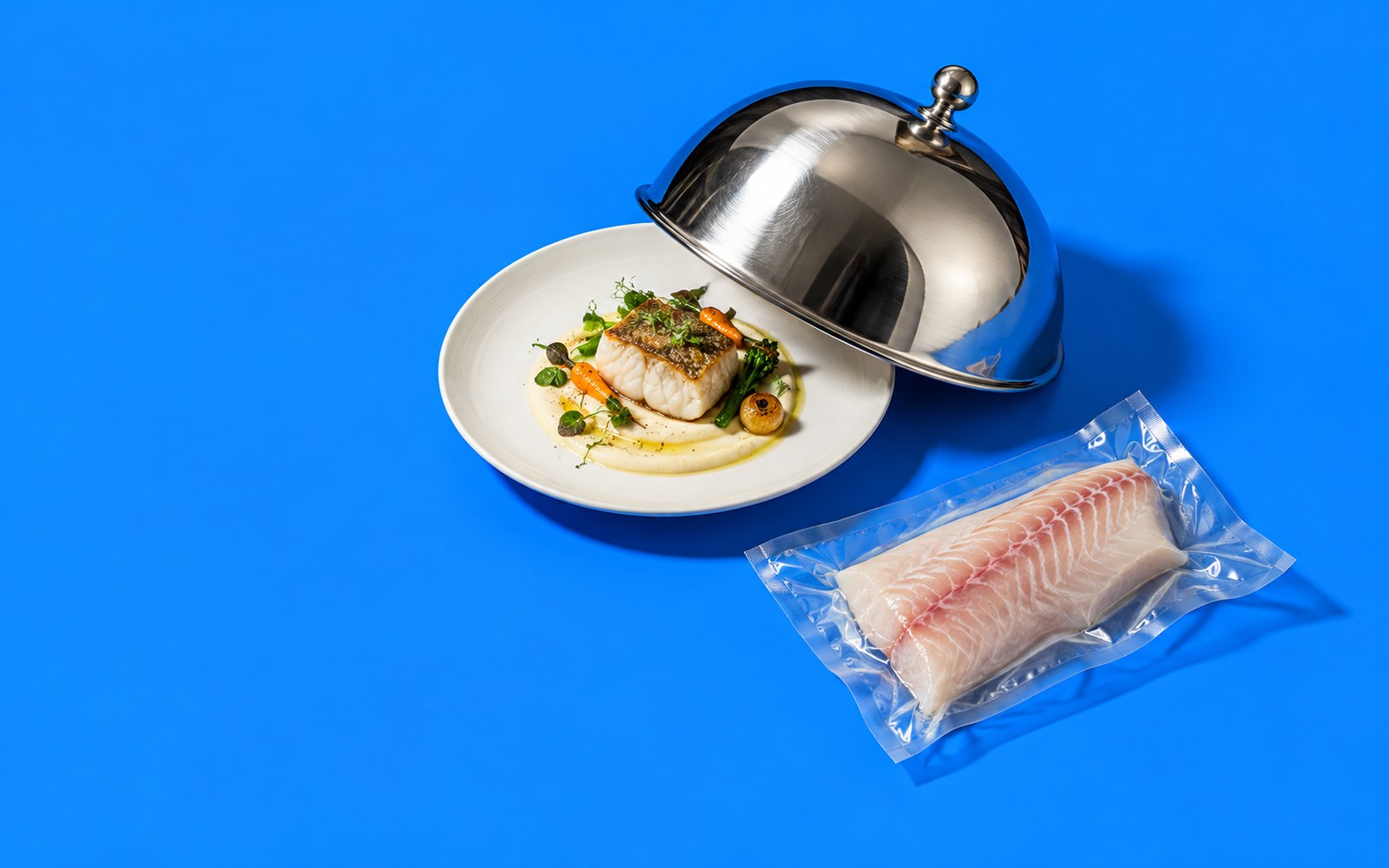 Cloche de service soulevée sur une assiette gastronomique et poisson sous vide