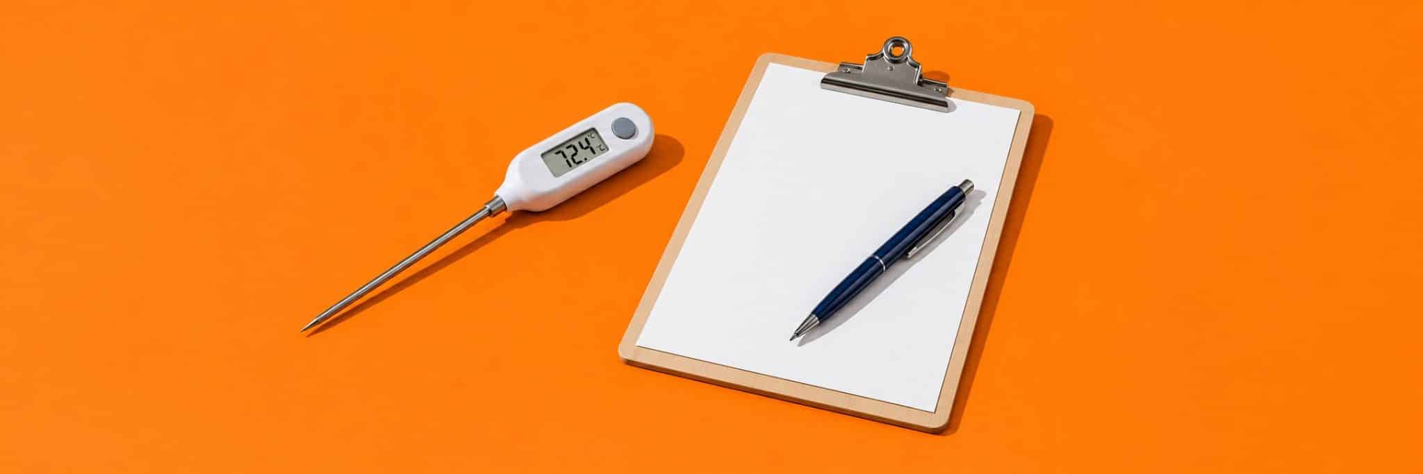 Thermomètre à sonde affichant 72,4 °C à côté d'un porte-bloc avec une feuille vierge et un stylo, sur un fond orange